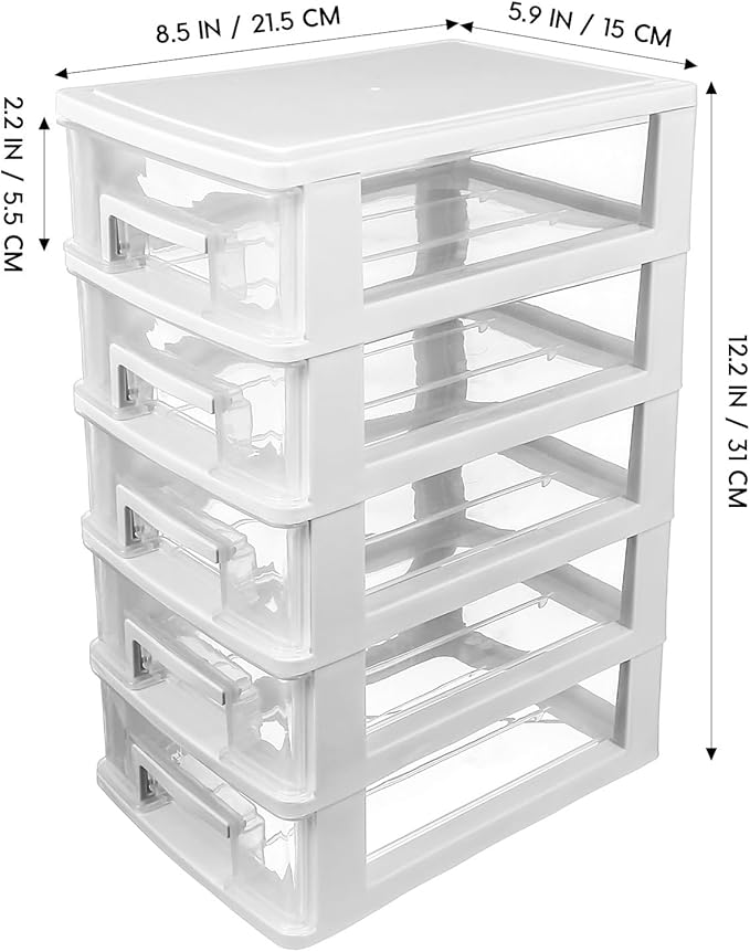 SAFIGLE Storage Drawer Organizer, 5 Drawer Plastic Storage Bins with Transparent Drawers, Vertical Design for Crafts, Stationary, Hardware, White, Polypropylene