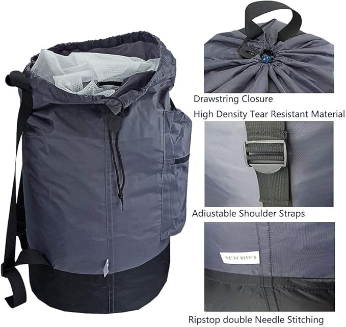 Washable Laundry Bag Backpack with Zipper Pocket, Heavy Duty Clothes Bag, 2 Strong Adjustable Shoulder Straps with Drawstring Closure for Travel, Camping or College, Grey