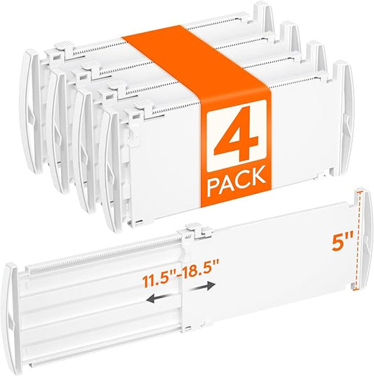 Lifewit 5" Tall 4 Pack Drawer Dividers, 30-47cm/11.5-18.5" Expandable Drawer Divider for Clothes, Adjustable Dresser Drawer Organizers, Drawers Separators for Dresser/Bathroom/Closet/Kitchen White