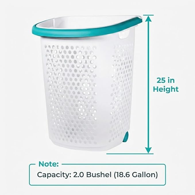 2 Bushel Rolling Laundry Hamper with Wheels & Retractable Handle, Large Capacity Plastic Laundry Basket on Wheels, Airy Hollow Design, White with Teal Accents, 15.47 x 20.11 x 25.00 Inches