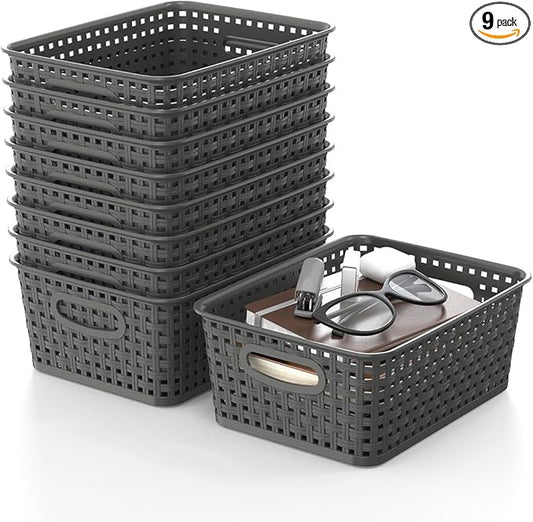 9-Pack Plastic Woven Storage Baskets Set -Grey Organizer Bins for Shelves, Kitchen Pantry, Bathroom, Office | 10.1"L x 7.55"W x 4.1"H | Multi-Purpose Shelf Basket Organizers