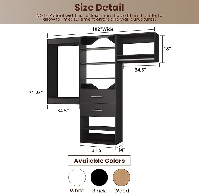 ROOMTEC Modular Closet System, 102" Wall Mounted Modern Closet Organizer with Hanging Rods and Drawers, Wooden Tower for Walk-In Closets, Wardrobe Storage Kit, Black