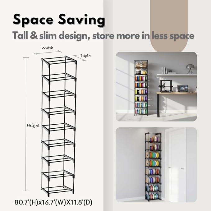 9-Tier Modular 3D Printer Filament Storage Rack, High-Strength Carbon Steel Spool Holder & Organizer, Holds 45-54 Spools(1kg), Space-Saving, Customizable, Tool-free Assembly