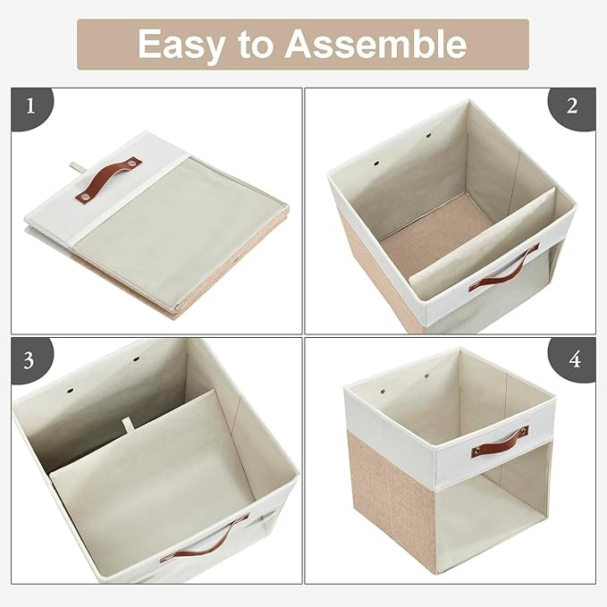 Bagnizer Storage Cubes, 4 Pack Linen Foldable Storage Bins with Clear Window and 2 Handles, 13x15x13 Storage Cube Bins for Shelf Closet, Kallax, Clothes, Books - (Beige and White)