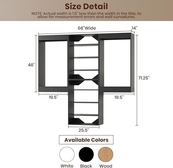 ROOMTEC Modular Closet System, 66" Wall-Mounted Closet Organizer with Hanging Rods and Shelves, Wooden Tower for Walk-In Closets, Wardrobe Storage Kit, Black