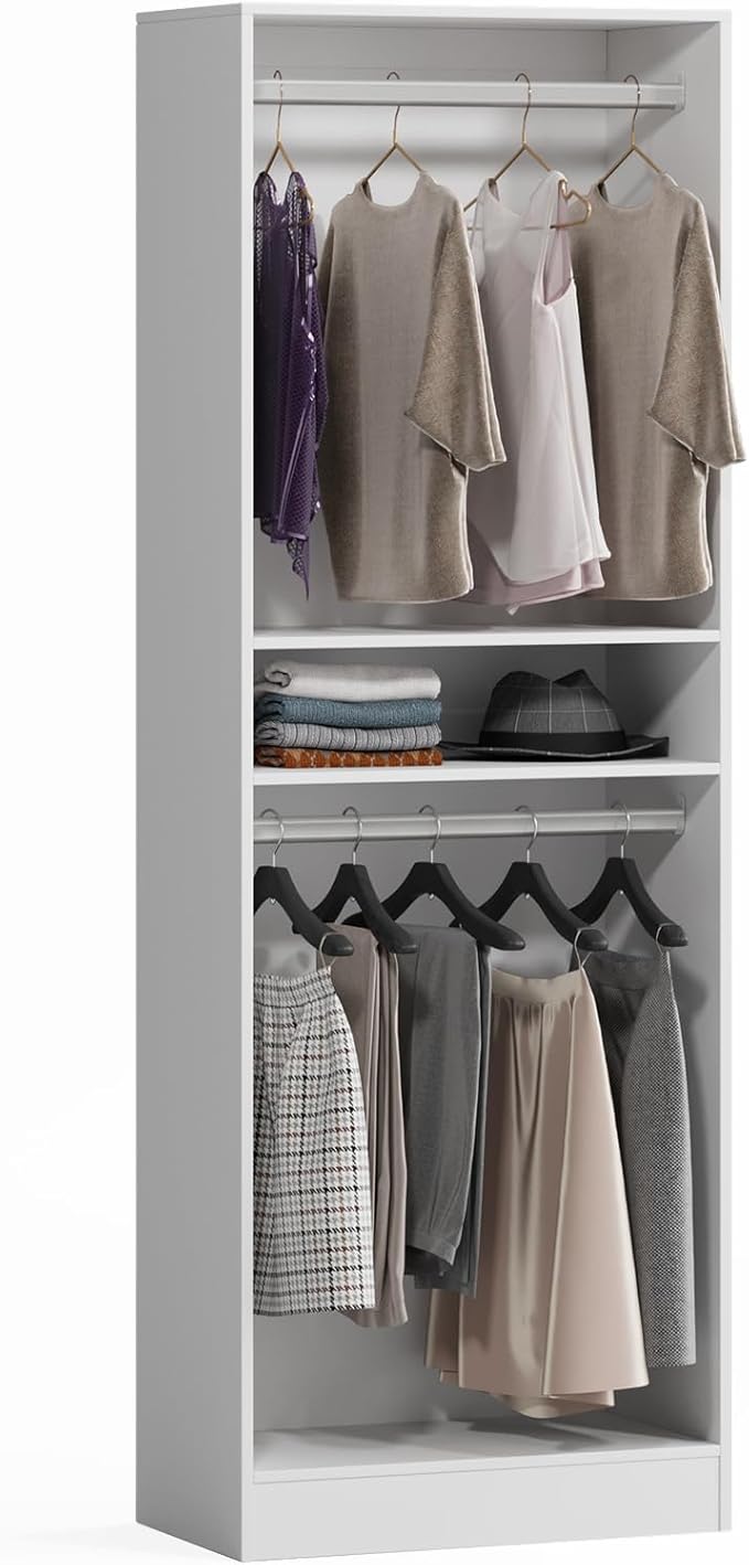 VOWNER 25'' Freestanding Closet System with Shelves, Wood Closet Organizer System with Hanging Rods, Walk-in Closet Tower, Clothes Garment Rack, Wardrobe Closet for Bedroom Entryway (1, White)