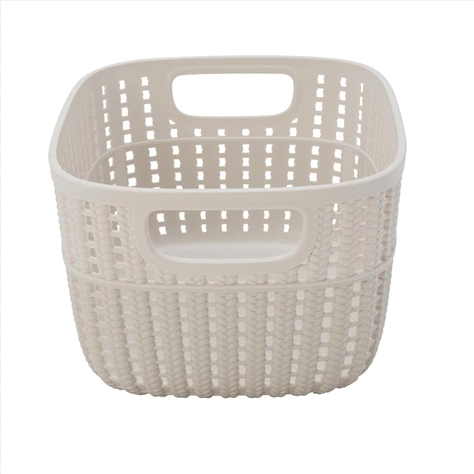 Simplify 2 Pack 2 Tone Sailor Knot Plastic Storage Tote | Decorative Basket | Closet Organization | De-clutter | Accessories | Toys | Bathroom Organization | Small | Ivory
