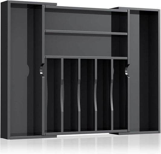 NIUBEE Expandable Kitchen Drawer Organizer for Flatware and Utensils,Black Acrylic Adjustable Silverware Tray for Drawer,Office,Bathroom Supplies-9 Compartments