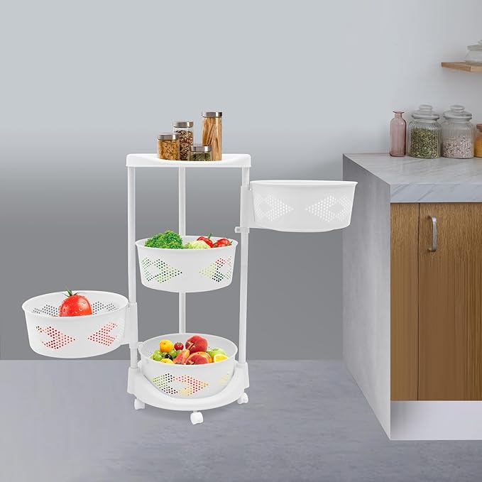 YIYIBYUS Round Metal Kitchen Storage Tower with 4 Removable Baskets, 360° Rotating Snack Organizer Cart on Locking Wheels, Multi-Level Space Saving Rack for Fruits Vegetables Bathroom Essentials