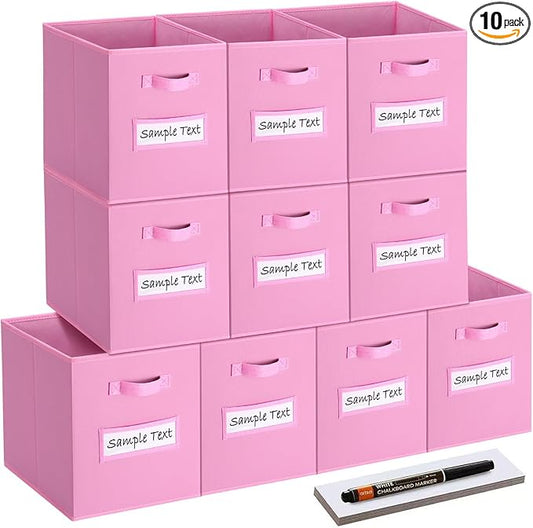 artsdi 11x11 storage cube bins (Set of 10) Foldable Fabric storage cubes with 10 Labels Window Cards & a Pen,11 inch cube storage bin,Closet Organizers for Shelves,Cubby Organizer Boxes,Light Pink