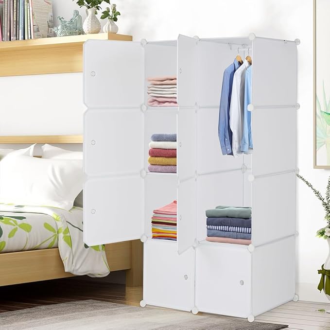 8 Cube Storage Organizer, Stackable Storage Shelves with Hanging Rod Customizable Closet Cabinet Durable Steel Frame Multi-Use DIY Design 13.8 inch Panels Max 10lb Capacity per Cube White
