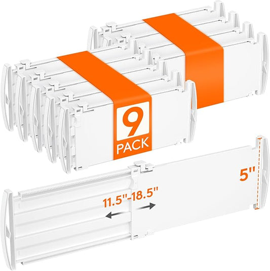 Lifewit 5" Tall 9 Pack Drawer Dividers, 30-47cm/11.5-18.5" Expandable Drawer Divider for Clothes, Adjustable Dresser Drawer Organizers, Drawers Separators for Dresser/Bathroom/Closet/Kitchen White