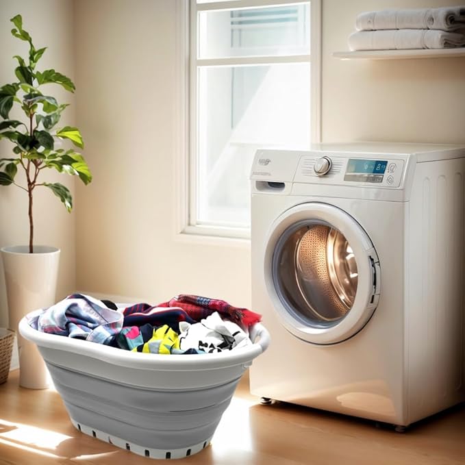 SAMMART 36L (9.5 gallon) Collapsible 3 Handled Plastic Laundry Basket-Foldable Pop Up Storage Container/Organizer-Space Saving Basket (3 handled Oval, Grey/Grey)