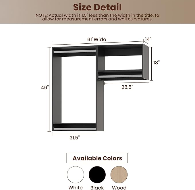 ROOMTEC Modular Closet System, 61" Wall-Mounted Closet Organizer with Hanging Rods, Wooden Tower for Walk-In Closets, Wardrobe Storage Kit, Black