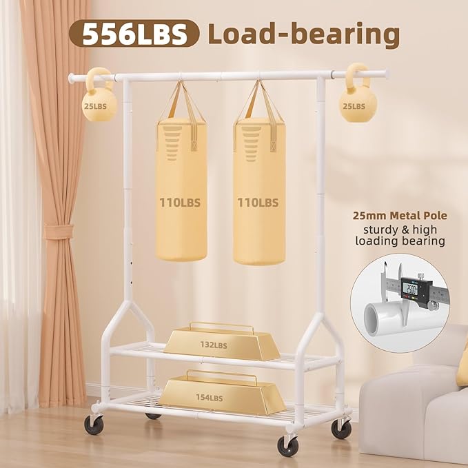 EAGMAK Heavy Duty Clothes Rack Load 556 LBS, Rolling Clothing Rack With Shelves, Height Adjustable Metal Clothes Hanger with Wheels Portable Wardrobe Organizer Garment Rod for Hanging Clothes (White)