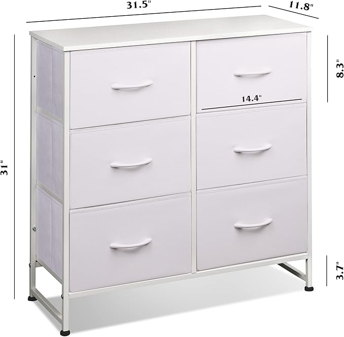 WLIVE White Dresser for Bedroom with 6 Fabric Drawers, Closet Dresser with Metal Frame, Wooden Top, Chest of Drawers for Closet, Living Room, Hallway