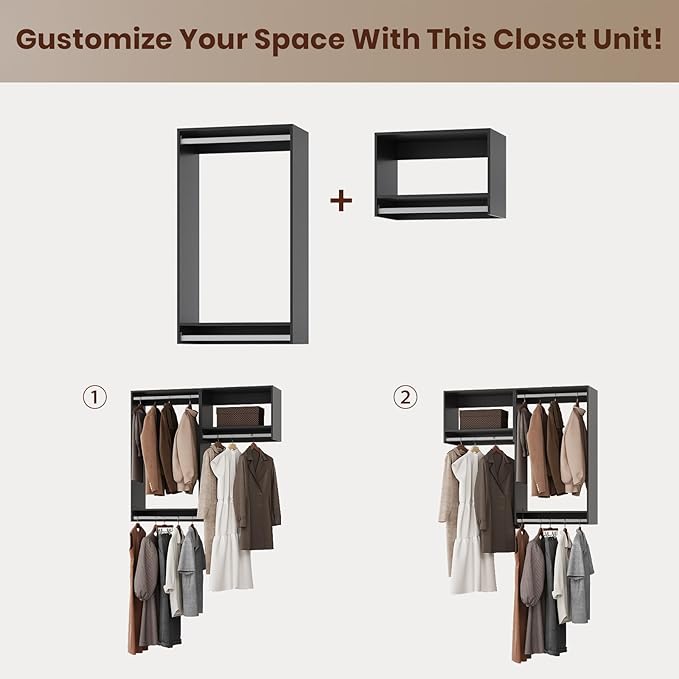 ROOMTEC Modular Closet System, 67" Wall-Mounted Closet Organizer with Hanging Rods, Wooden Tower for Walk-In Closets, Wardrobe Storage Kit, Black