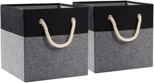 PRANDOM Large Foldable Cube Storage Bins 11x11 inch [2-Pack] Fabric Linen Storage Baskets Cubes Drawer with Cotton Handles Organizer for Shelves Nursery Closet Bedroom Black