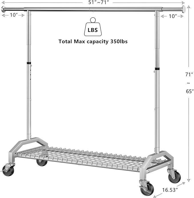 Wiracks Clothes Rack for Hanging Clothes 350lbs Heavy Duty Clothing Rack 51 to 71" W x 16.53" D x 65" to 71" H Adjustable Rolling Clothes Rack Coat Rack Garment Rack 3" industrial Wheels Silver