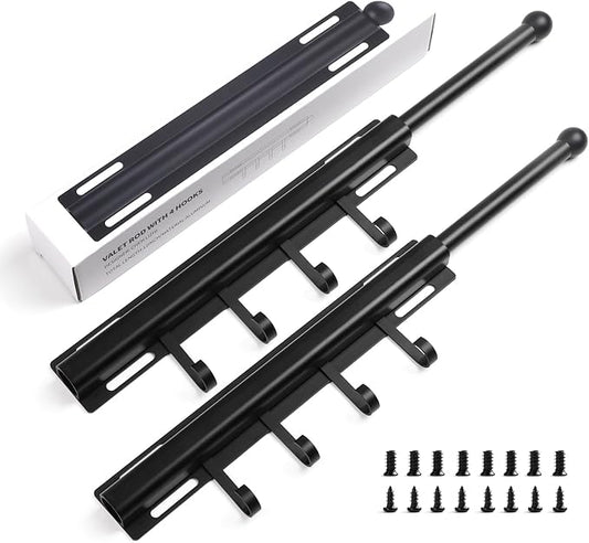 BaiNong 12" Valet Rod for Closet Pull Out With 4 Hooks Valet Rods for Closets (2Pack Black) Closet Valet Rod Slide Out