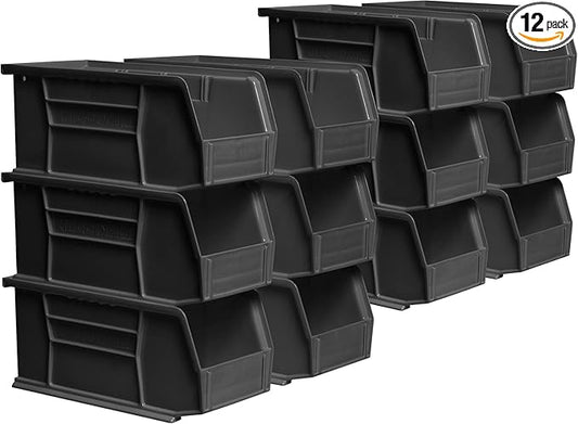 Akro-Mils 30230 AkroBins Plastic Storage Bins, Space-Saving Stackable Bins for Garage, Pantry, Craft Organization, 11" x 5" x 5", Black, 12-Pack
