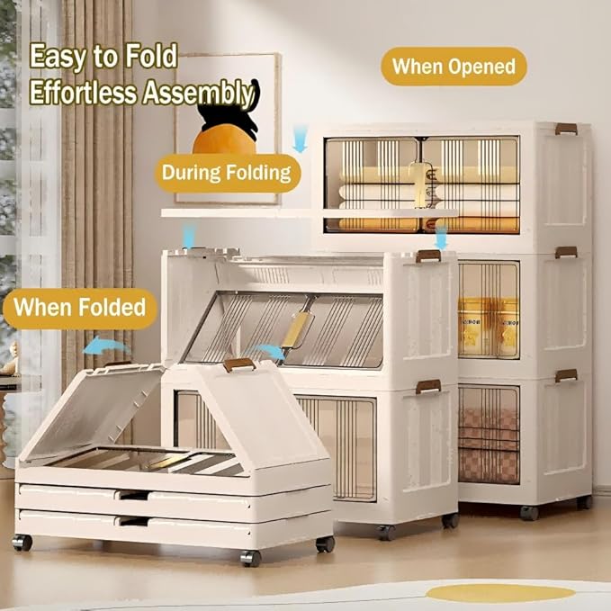 Storage Bins with Lids, 1 Tier 120 QT Stackable Plastic Storage Bins, Foldable Storages Boxes with Magnetic Doors and Wheels for Clothes, Snacks, Books, Folding Containers for Home Office