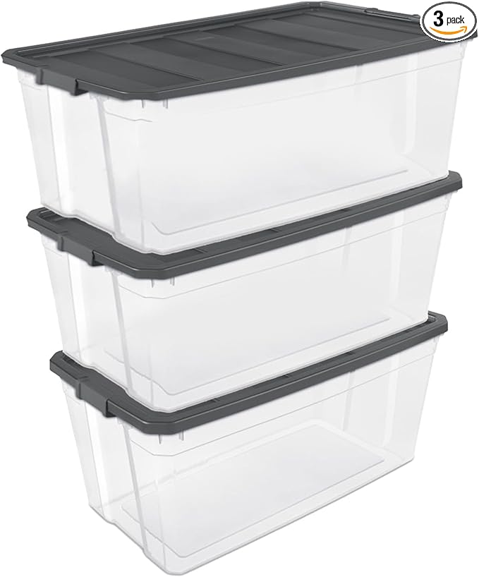 Sterilite 3-Pack Modular Stacker Box, Durable Clear Plastic Storage Bins with Latching Lids, 200 Quart - Stackable Organizing Container Boxes for Closet, Bathroom, and Office