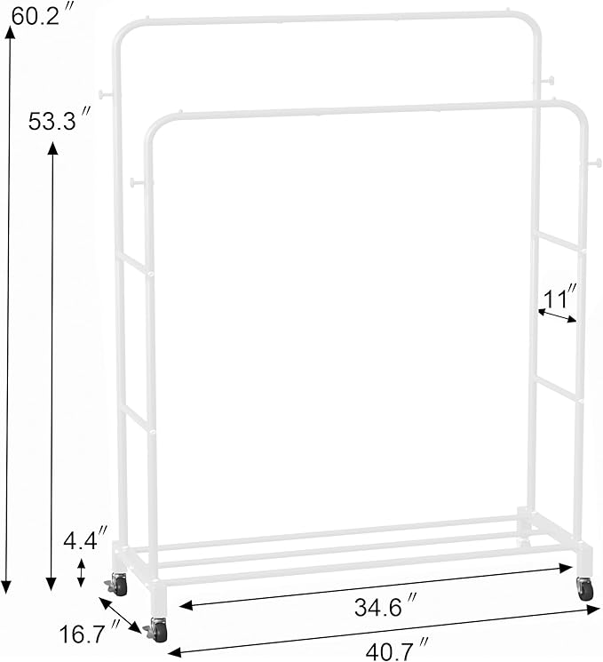 Sooyee Double Rod Clothing Rack with Wheels,3 Tier Garment Racks for Hanging Clothes,Portable Clothes Rack with 4 Hooks for Bedroom,Laundry Room,White