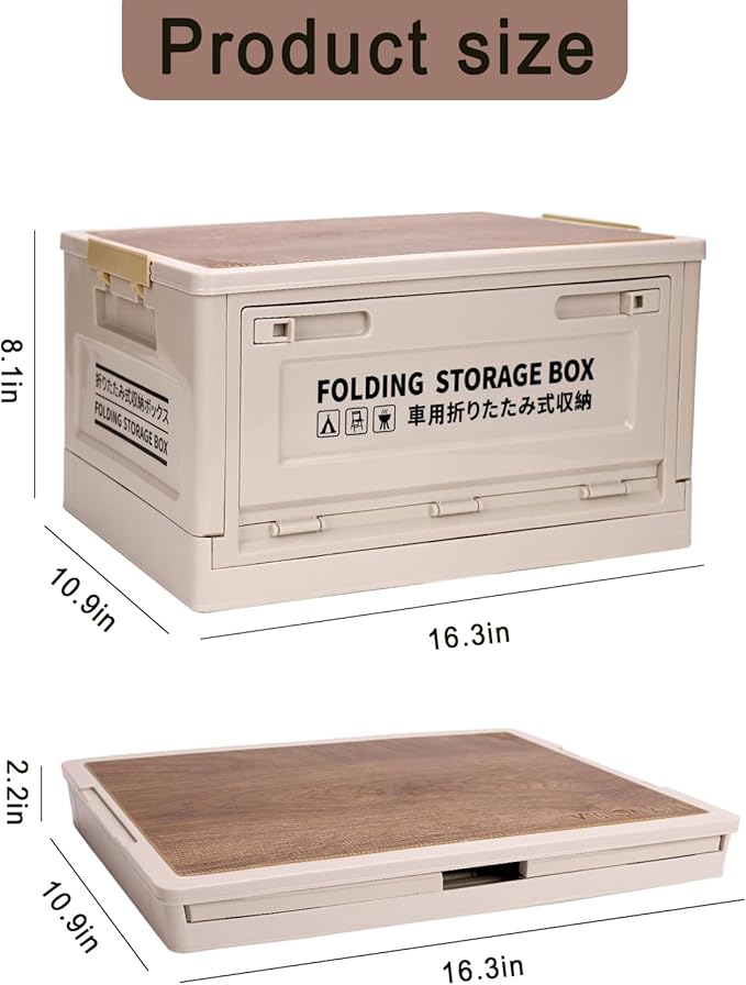 25 Quart Foldable Plastic Storage Bin with Imitation Wooden Lid Foldable and Stackable Storage Box Organizer for Outdoor Camping Home and Office
