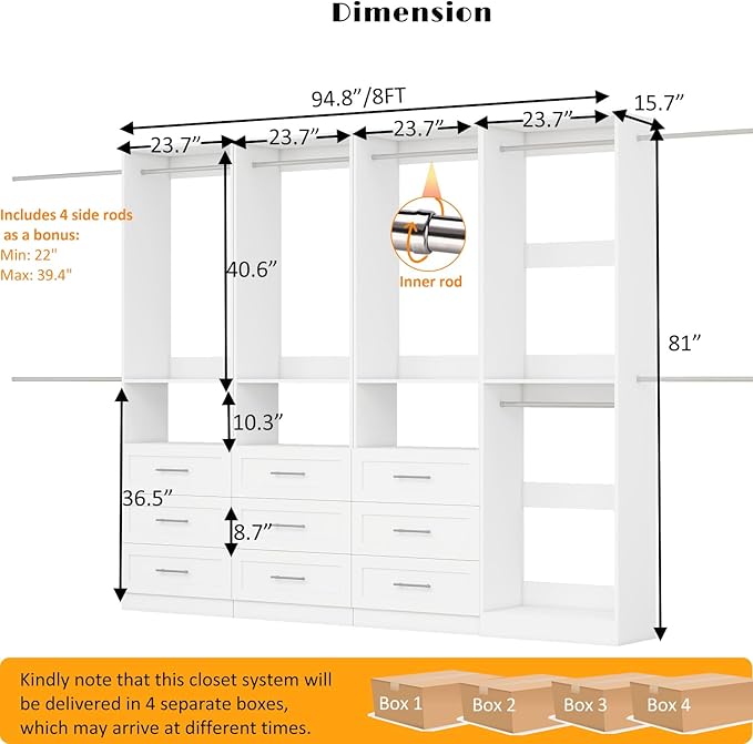 Closet System with 4 Sets, 8FT Closet Organizer Systems with 9 Wooden Drawers & 9 Hanging Rods, Walk in Closet Standalone Corner Closet System Modular Closet System White (8FT)
