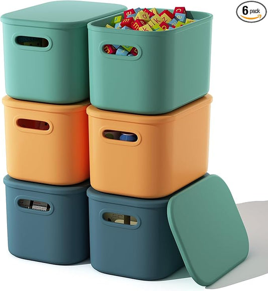ORGIDOL 6 Pack Colorful Storage Bins with Lids Stackable Storage Container for Organizing, Storage Boxes with Handle for Shelves, Cute Storage Bin for Craft, Snacks, 9.85x6.9x5.7 inch