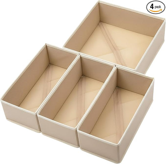 Bructhun Drawer Organizer Set of 4 Khaki - Fabric Storage Bins for Clothes, Underwear, Socks & Bras - 11" Dresser Dividers for Bedroom Closet