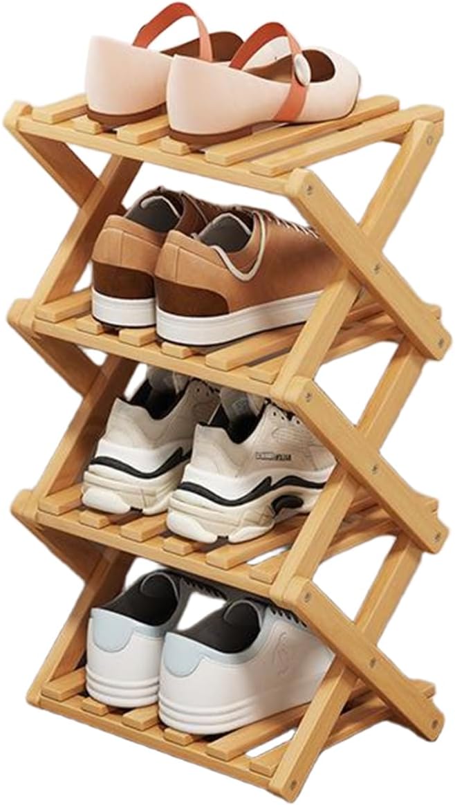 4 Tier Natural Bamboo Shoe Rack,Foldable Space Saving Shoe Storage Organizer,Easy Assembly & Strong Design Shoes Stand Shelf Organiser for Closet (Primary Color, Four Layers)