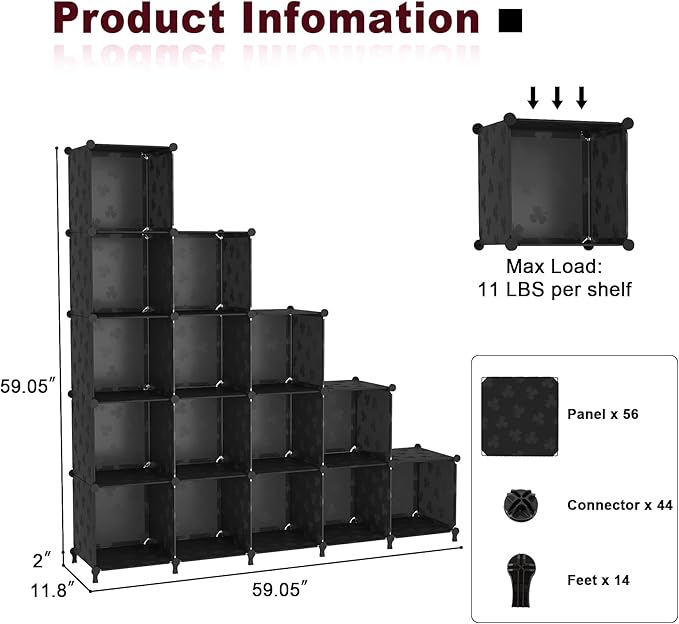 UNKU Cube Storage Organizer, 16 Cube Closet Organizer Storage Shelves, DIY Stackable Bookcase, Clothes Organizer Shelf for Closet, Bedroom, Living Room, Cabinet, Home, Office, Black