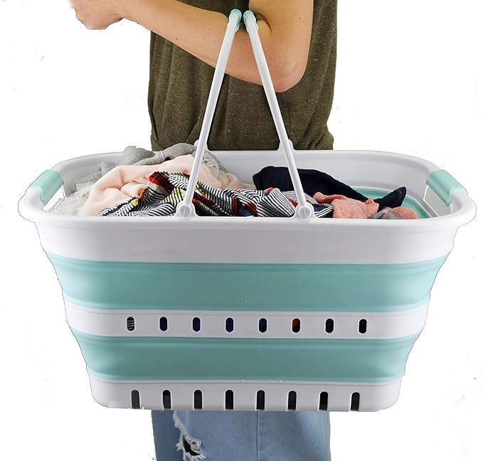 SAMMART Collapsible Laundry Basket with Handles 29L (7.6 Gallon) - Portable Outdoor Picnic Hamper/Crate - Foldable Space Saving Storage Container for Laundry, Camping & Home (White/Lake Green, 1)