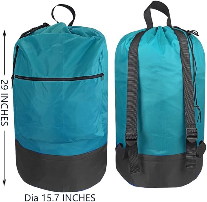 Washable Laundry Bag Backpack with Zipper Pocket, Heavy Duty Clothes Bag, 2 Strong Adjustable Shoulder Straps with Drawstring Closure for Travel, Camping or College, Blue Aqua