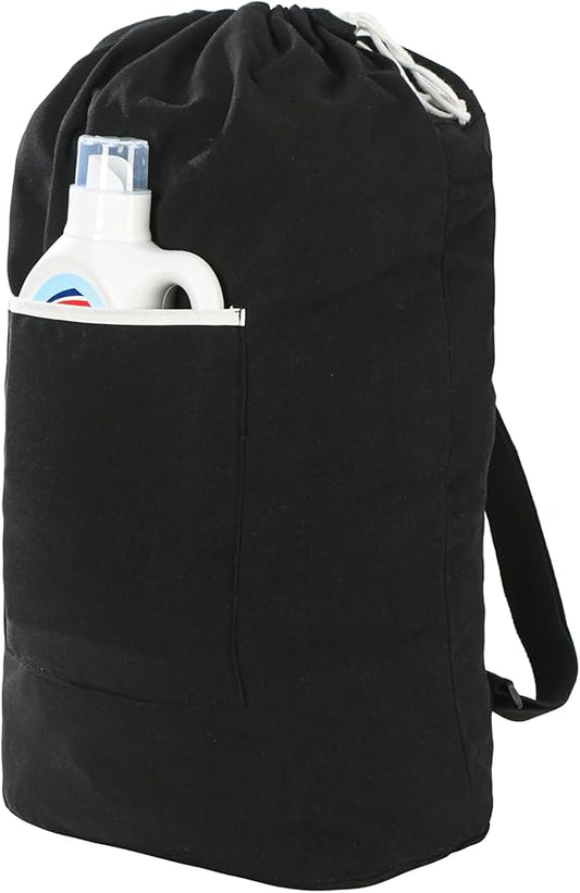Canvas Laundry bag, Washable Laundry backpack, Adjustable Straps, Large Front Pocket, Drawstring Closure (BLACK, XX-Large)