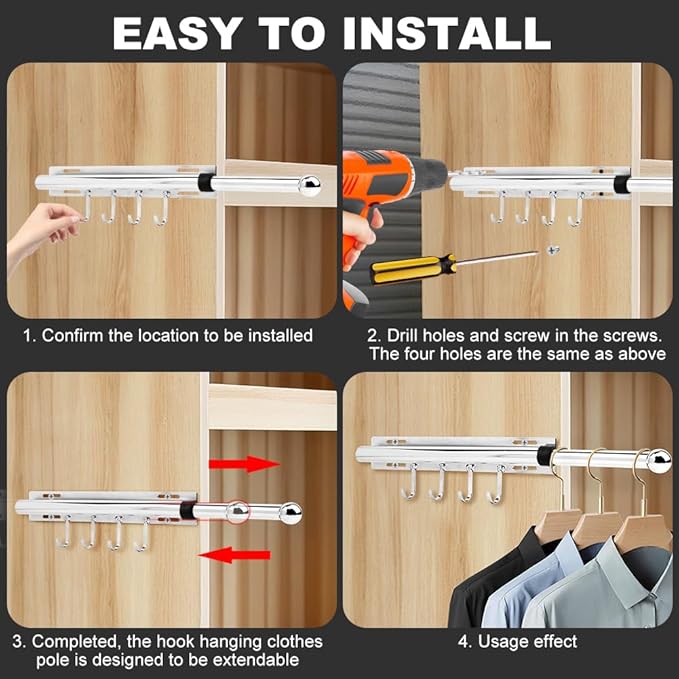 12 Inch Valet Rod for Closet Pull Out, Retractable Slide Out Clothes Hanger with 4 Hooks, Closet Rods for Hanging Clothes Laundry Room, Bedroom, Bathroom(COLOR:Sliver)