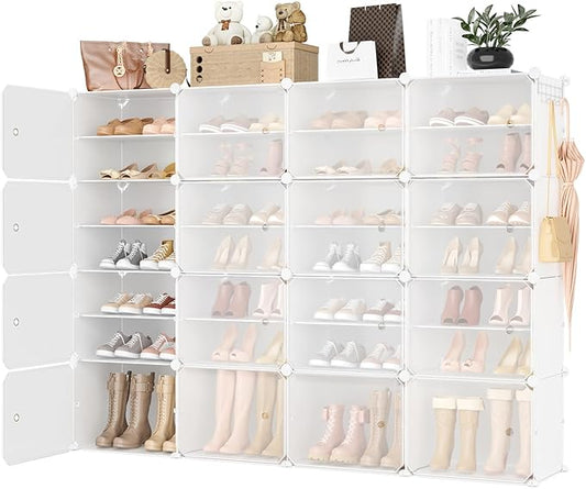 Portable Shoe Rack Organizer with Door, 64 Pairs Shoe Storage Cabinet Easy Assembly, Plastic Adjustable Shoe Storage Organizer Stackable Detachable Free Standing DIY Expandable 8 Tier White
