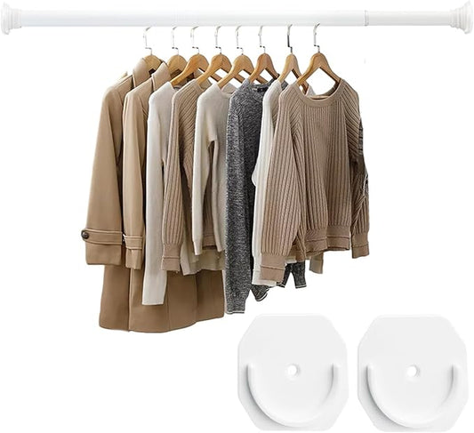 Closet Rod, 30 to 42 Inch Adjustable Closet Rods for Hanging Clothes Heavy Duty Closet Hanging Rod White Closet Poles for Wardrobes with No Drilling Holder