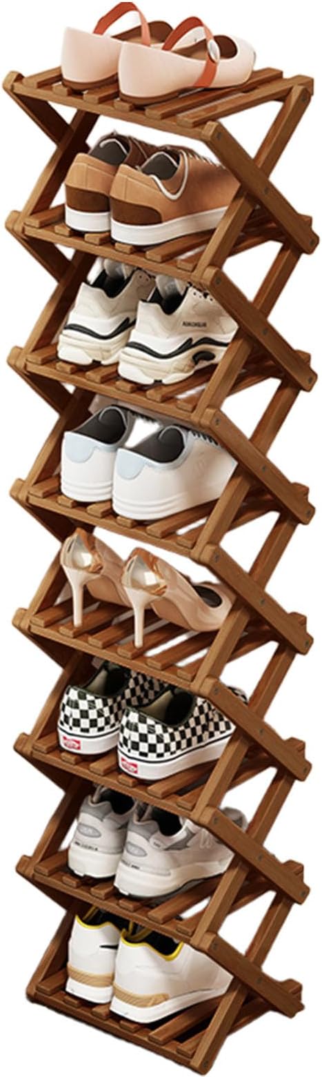 8 Tier Natural Bamboo Shoe Rack,Foldable Space Saving Shoe Storage Organizer,Easy Assembly & Strong Design Shoes Stand Shelf Organiser for Closet (Brown, Eight Layers)