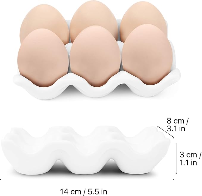 Flexzion Ceramic Egg Holder for Fridge - 6 Cups Egg Tray Half Dozen Porcelain Container Keeper Storage Organizer Decorative Serving Dish Serveware for Refrigerator Countertop Display Kitchen (White)