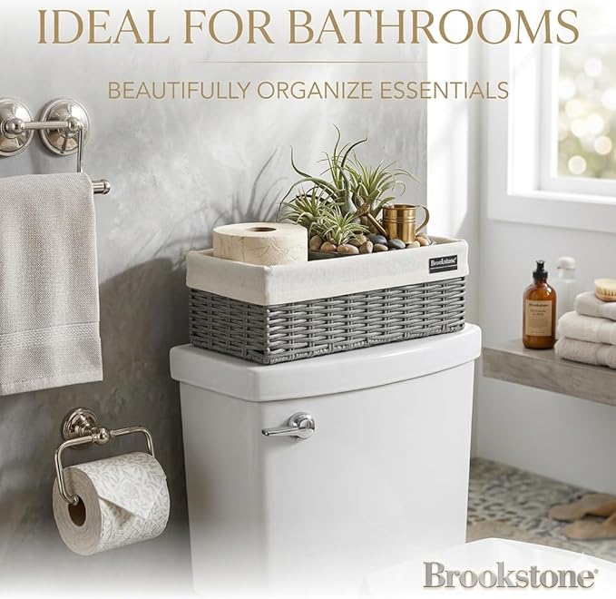 Brookstone Wicker Storage Basket Two Pack Set, Bathroom and Closet Organizers and Storage Bins with Fabric Liner, Grey