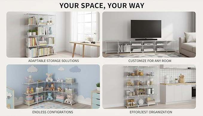 12-Cube Storage Organizer, Metal Wire Cube Shelving Unit, 11.8" L x 11.8" W x 11.8" H, Modular Grid Bookshelf for Closet, Bedroom, Office, White ATTJL12W