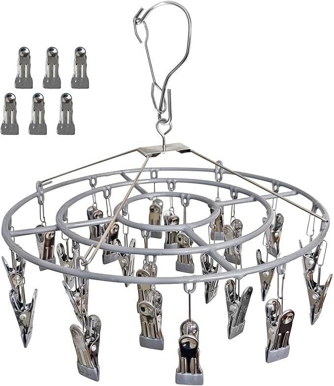 Funamily Stainless Steel Laundry Drying Rack Clothing Sock Drip Clothes Drying Hanger with 24 Clips, Swivel Windproof Hook Round Heavy Duty Underwear Hanger for Indoor Outdoor Wet and Dry (Grey)