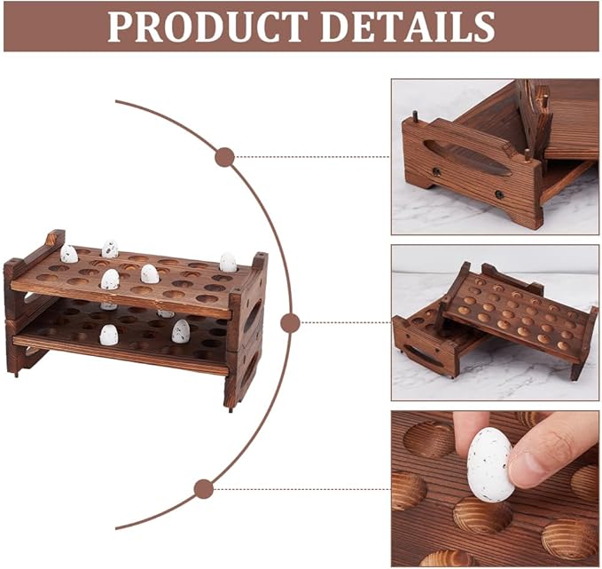 BENECREAT 48 Slot 2 Tier Stackable Wooden Quail Egg Holder Rack, Rustic Brown Egg Organizer for Kitchen Storage Display