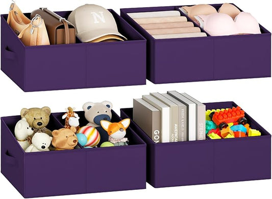 DIMJ Large Closet Shelf Organizer Bins 6 Packs with Handles and Divider, Fabric Trapezoid Storage Baskets, Foldable Clothes Containers Box for Shelf, Towel, Book, Toy, Purse, Hats, Purple