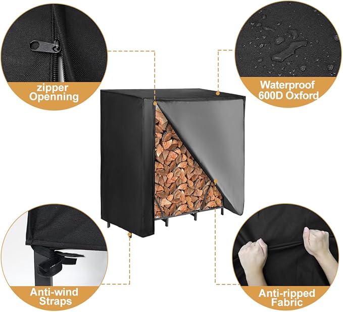 Vailge Firewood Rack Cover 4FT, Waterproof Firewood Rack Outdoor Cover with Full Front Zipper & Windproof Straps, Heavy Duty 600D Oxford Log Protector for All Seasons