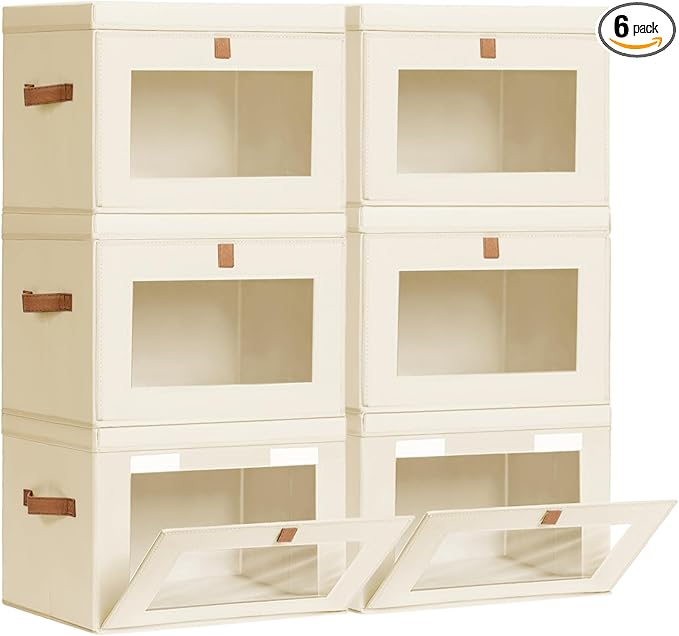 Homsorout Large Storage Bins with Lids - Fabric Collapsible Closet Storage Organizer with Window & Handles, Stackable Decorative Storage Boxes for Clothes, Blankets, Sweaters, 6 Pack, Beige