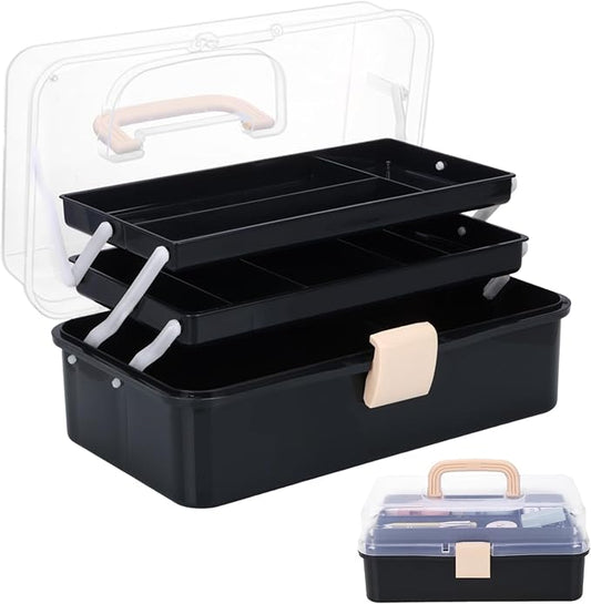 Craft Organizers, Tackle Box 3-Layer Portable Folding Toolbox, Plastic Tool Box with Handle for Sewing Supplies, Medicine, Art Supplies, Nails and Hair Accessories 12.5inch Black